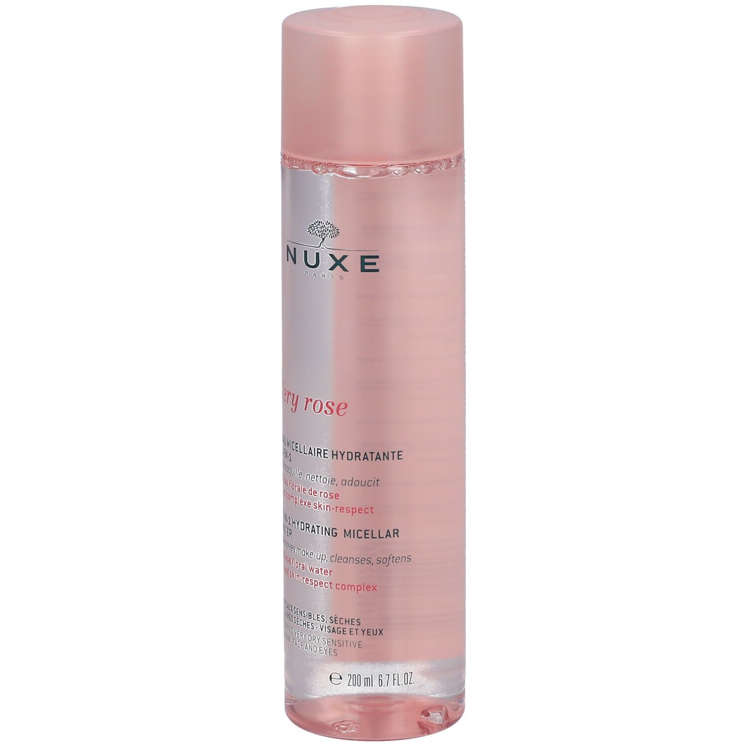 Flacon rose avec bouchon rose. Inscriptions: NUXE, Very rose, Eau micellaire 3-en-1. 200 ml.