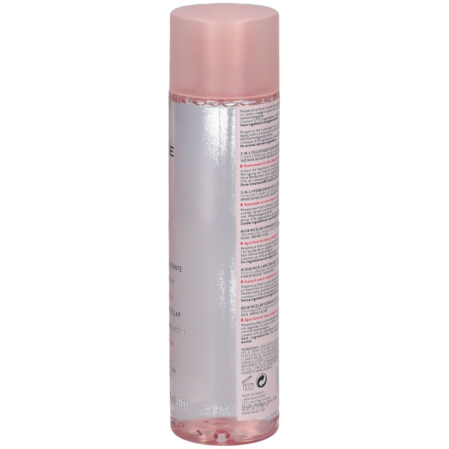 Dos du flacon. Inscriptions: NUXE, Very rose, Eau micellaire 3-en-1. Texte multilingue.