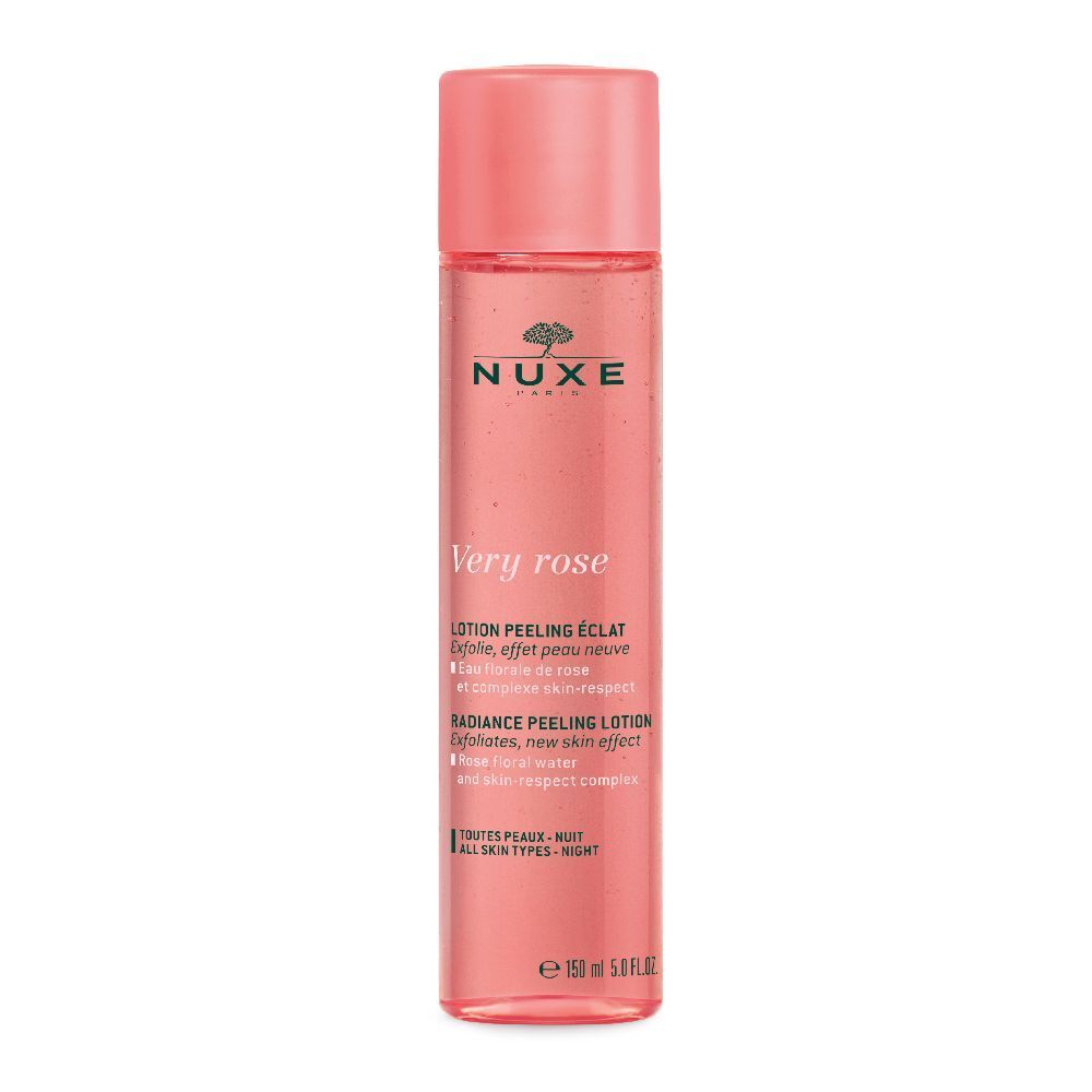 Rosa Flasche mit rosa Deckel. Aufschrift: NUXE, Very Rose, Lotion peeling éclat. Für alle Hauttypen.