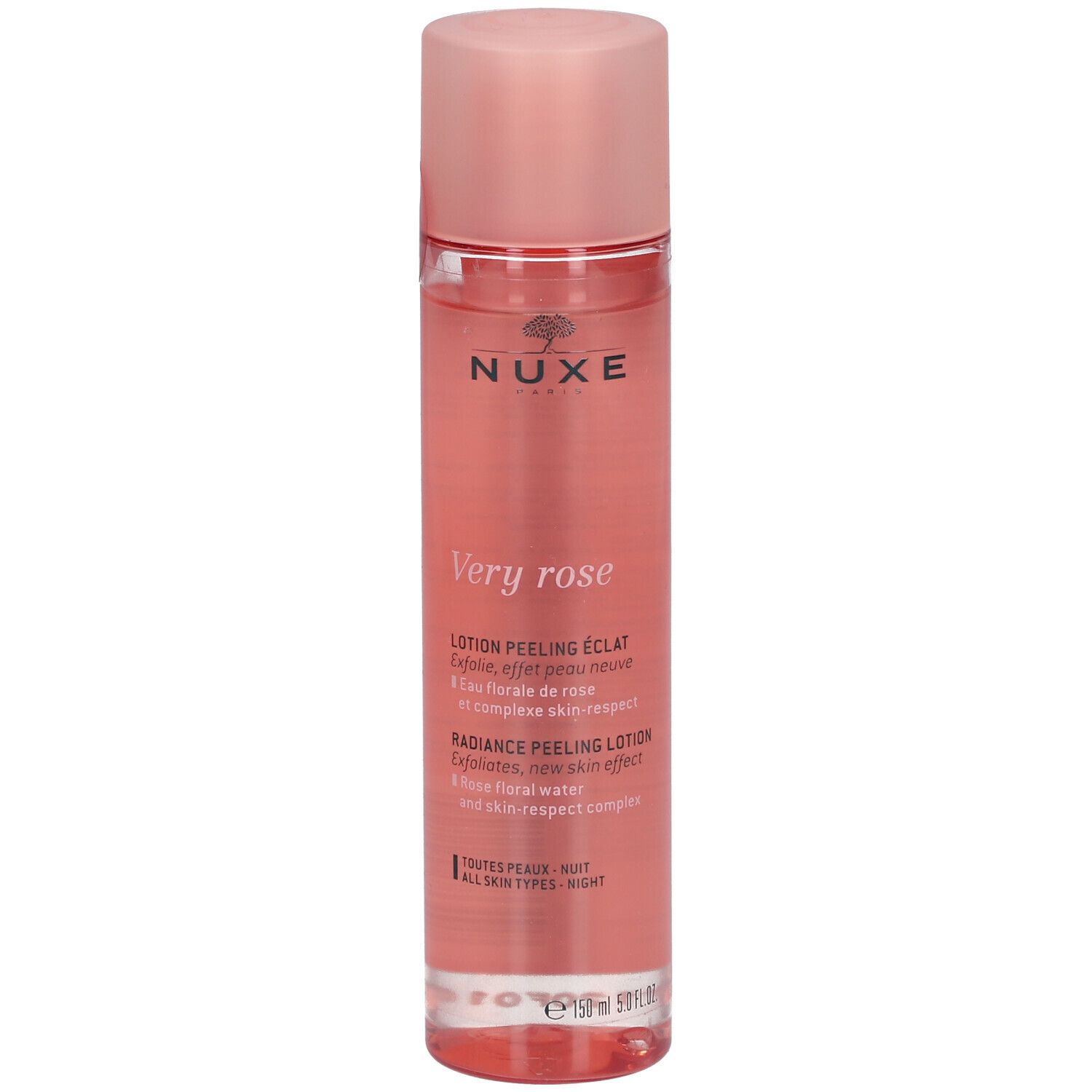 Rosa Flasche mit rosa Deckel. Aufschrift: NUXE, Very Rose, Lotion peeling éclat. Für alle Hauttypen.