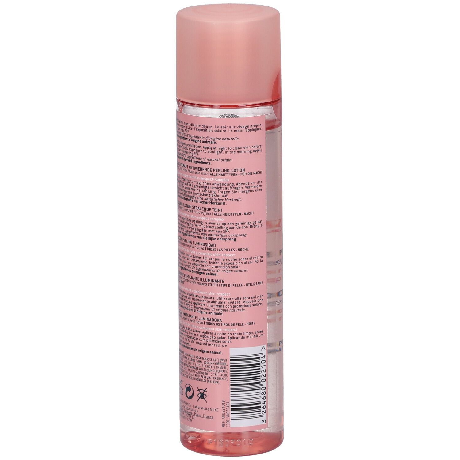 Rosa Flasche mit rosa Deckel. Text auf der Seite. Keine weitere Beschreibung.