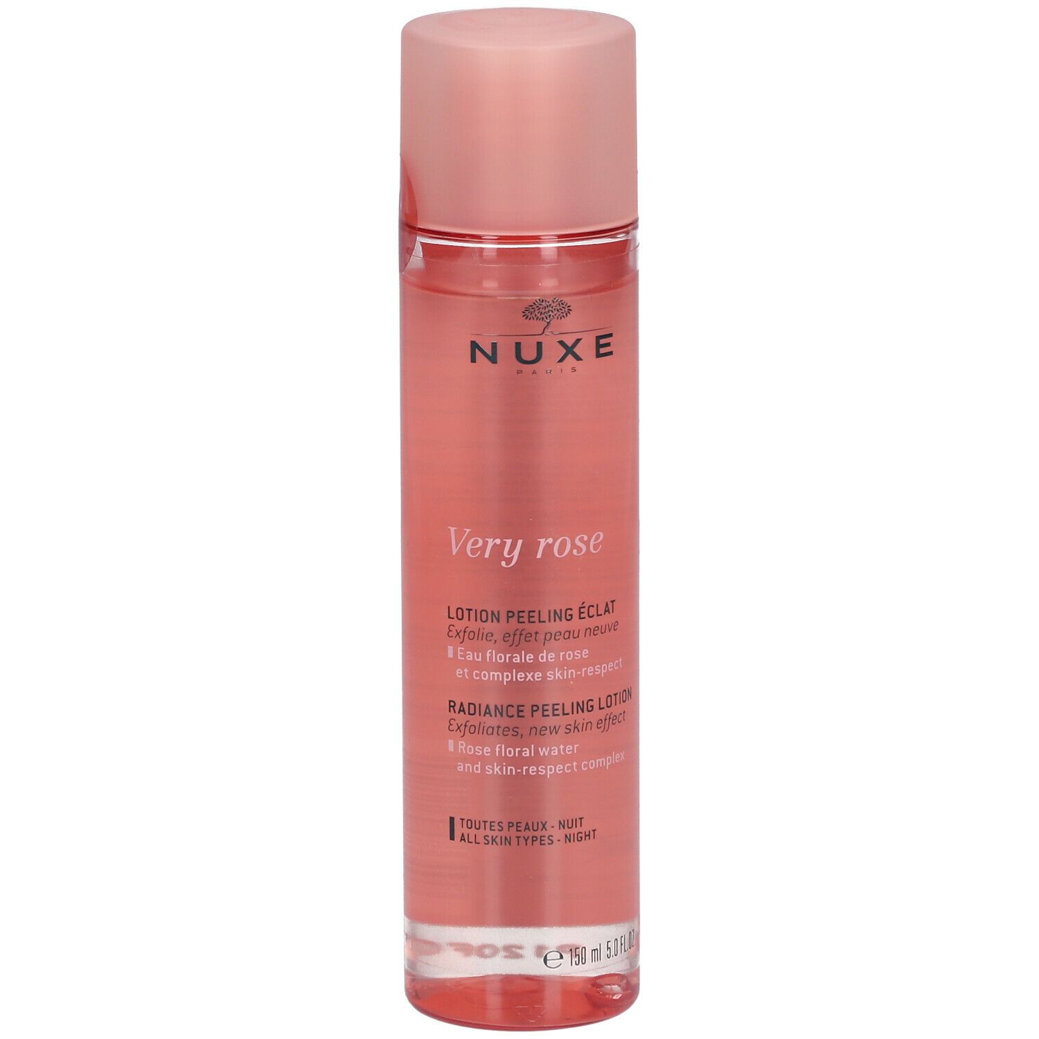 Rosa Flasche mit rosa Deckel. Aufschrift: NUXE, Very Rose, Lotion peeling éclat. Für alle Hauttypen.