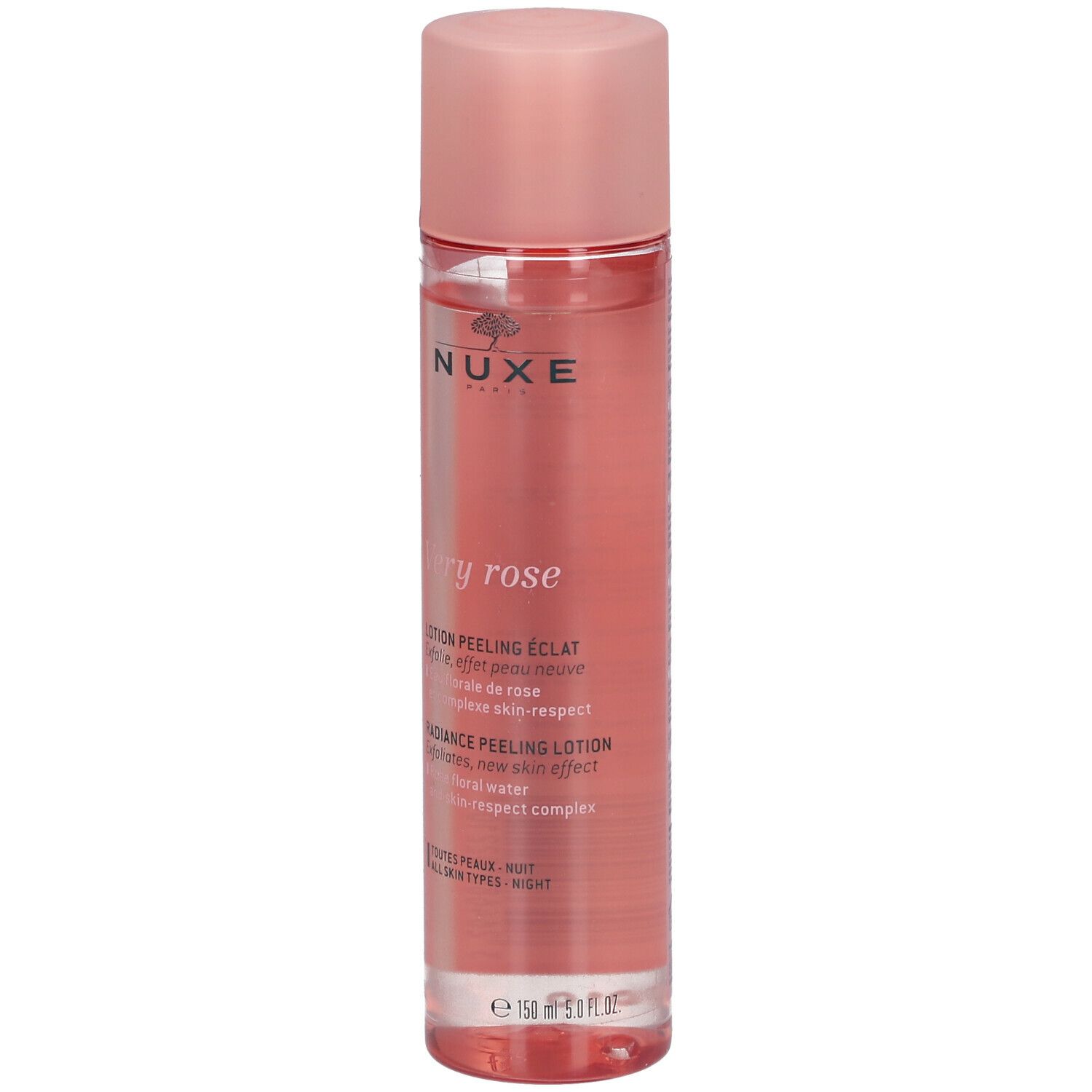Rosa Flasche mit rosa Deckel. Aufschrift: NUXE, Very Rose, Lotion peeling éclat. Für alle Hauttypen.