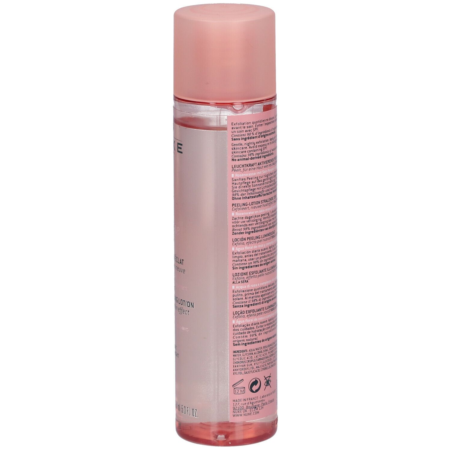 Rosa Flasche mit rosa Deckel. Text auf der Seite. Keine weitere Beschreibung.