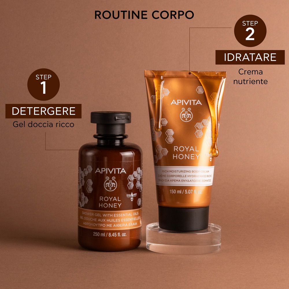 Deux produits : Gel douche et crème APIVITA ROYAL HONEY. Texte : ROUTINE CORPS. Étape 1 : NETTOYER. Étape 2 : HYDRATER.