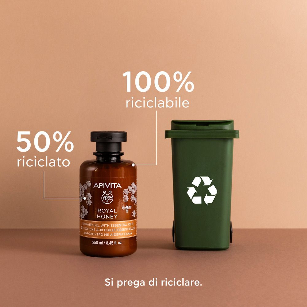 Flacon marron avec bouchon noir. À côté d'une poubelle verte. Texte : 50% recyclé, 100% recyclable.