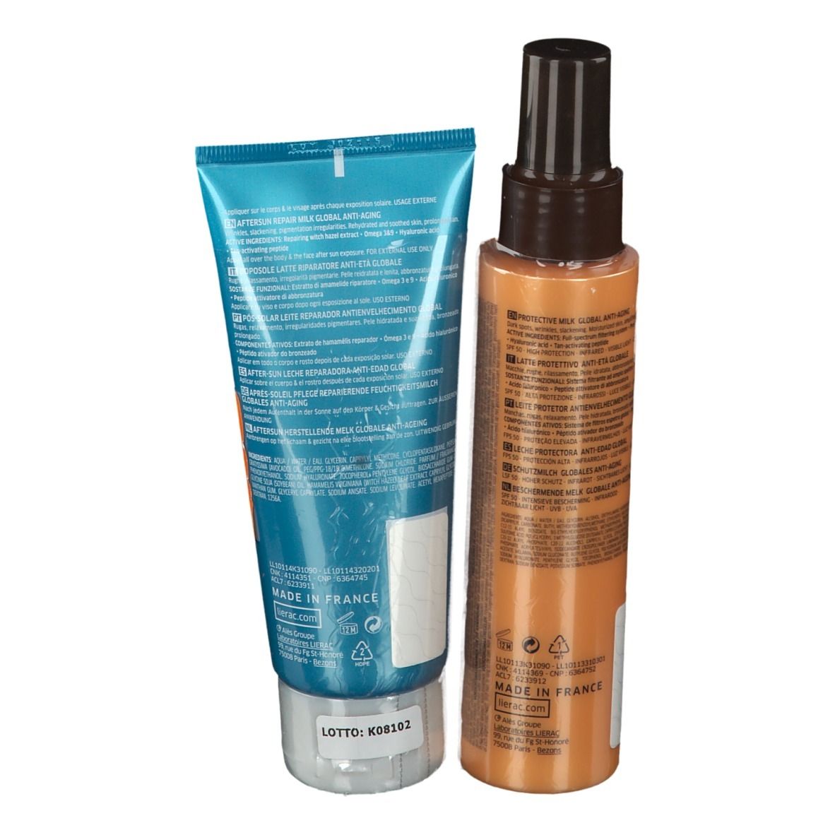 Rückseite von Tube und Sprayflasche. Produktinformationen und Logo LIERAC SUNISSIME. Hergestellt in Frankreich.