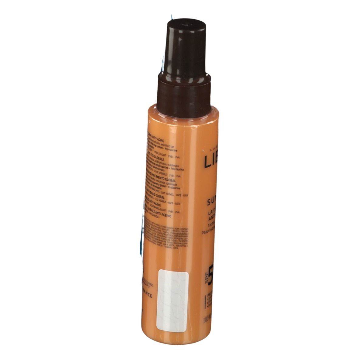 Sprayflasche mit LIERAC SUNISSIME-Logo. SPF 50. Produktinformationen auf der Flasche.