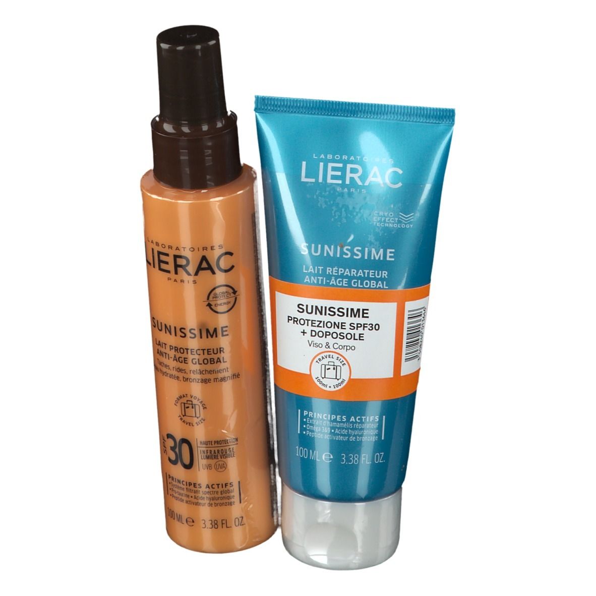 Deux produits LIERAC SUNISSIME: protection SPF30 et après-soleil. Flacon spray orange et tube bleu. Inscriptions: SUNISSIME, SPF30, Après-soleil.