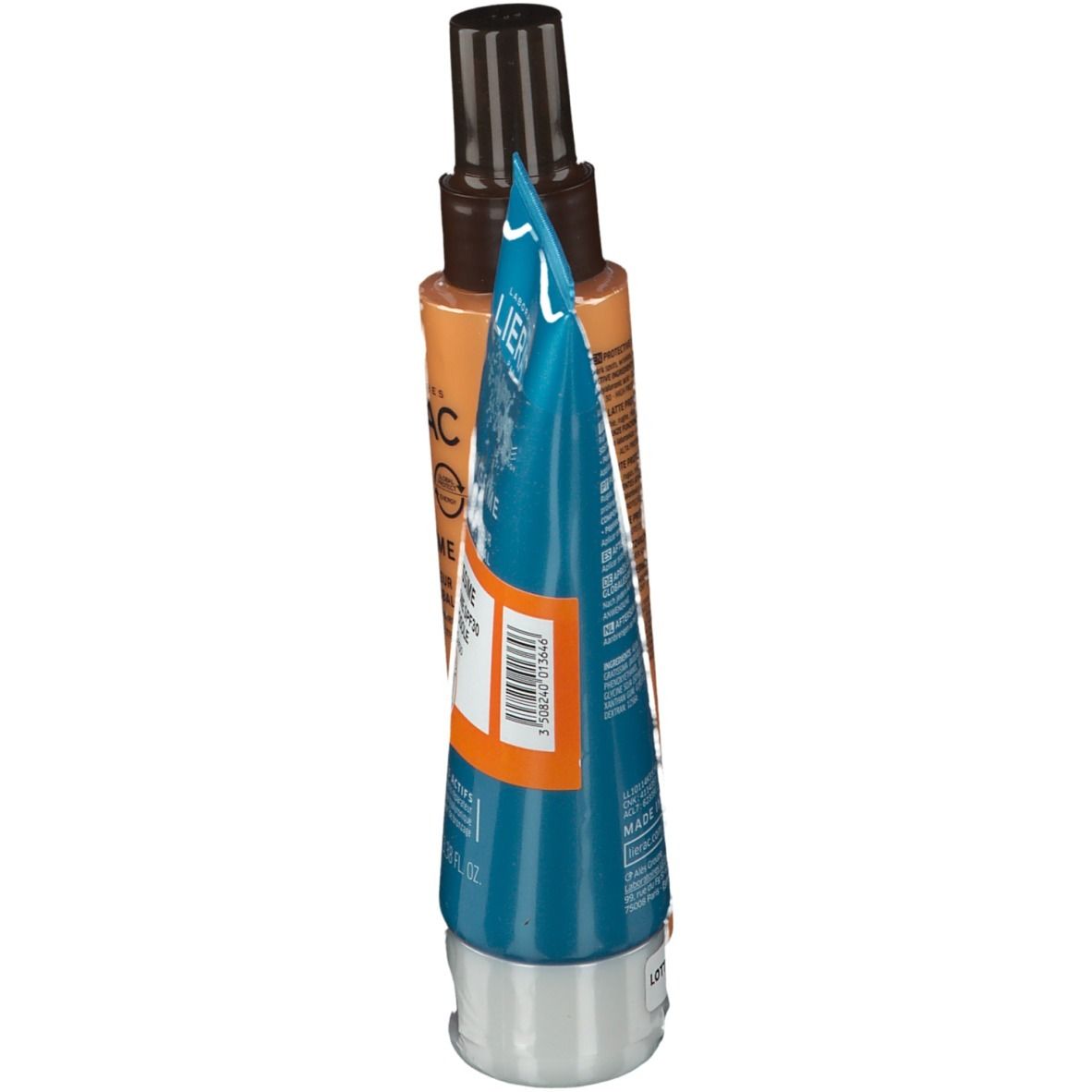 Deux produits LIERAC SUNISSIME. Tube bleu et flacon spray orange. Inscriptions: SUNISSIME, SPF30, Après-soleil. Vue détaillée des produits.