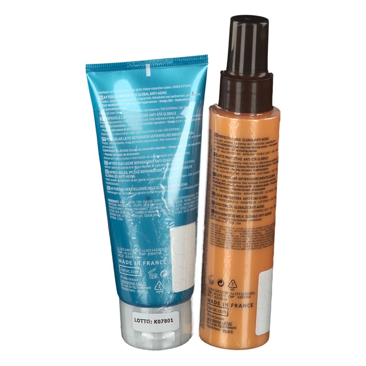 Dos de produits LIERAC SUNISSIME. Tube bleu et flacon spray orange. Inscriptions: SUNISSIME, ingrédients, informations fabricant.