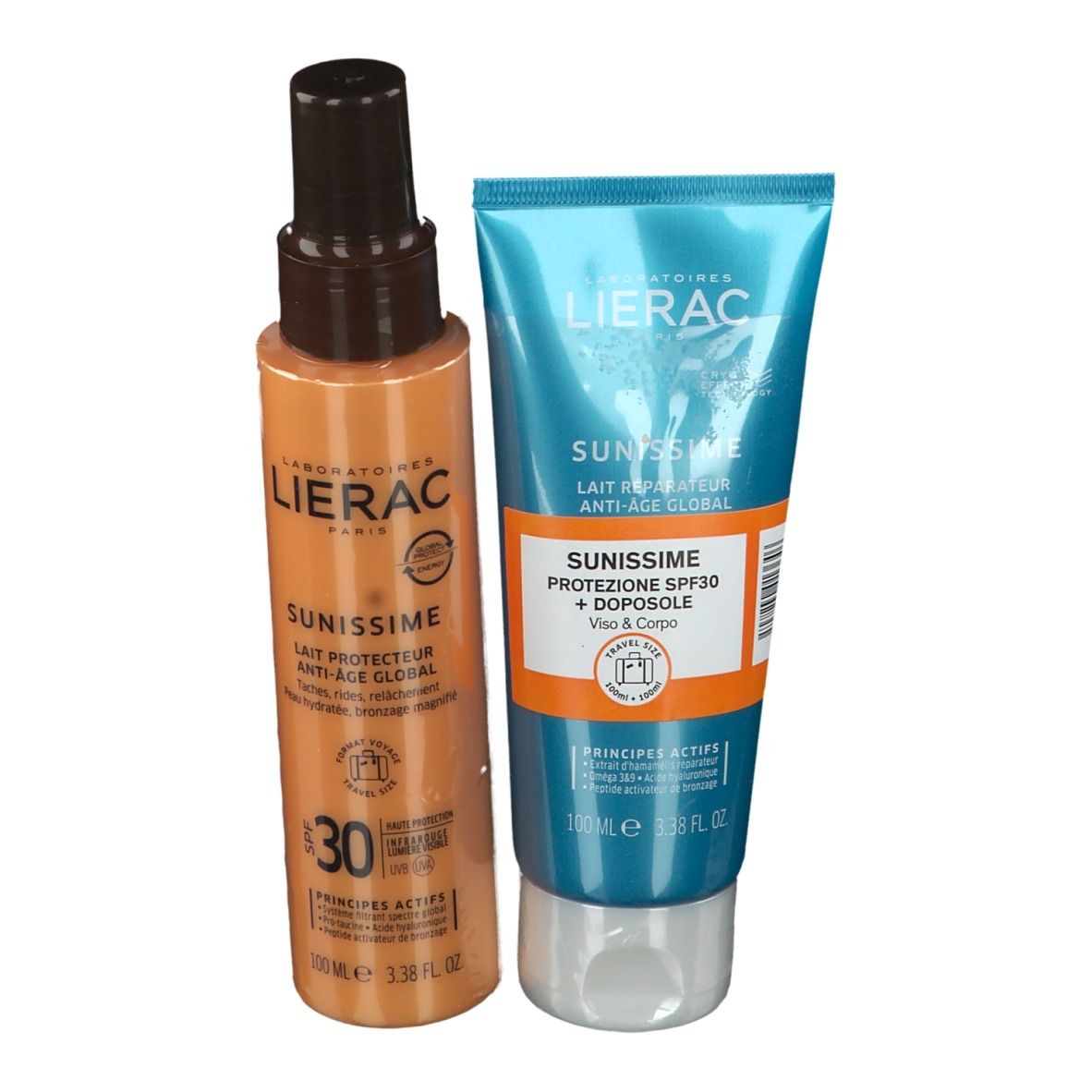 Deux produits LIERAC SUNISSIME: protection SPF30 et après-soleil. Flacon spray orange et tube bleu. Inscriptions: SUNISSIME, SPF30, Après-soleil.