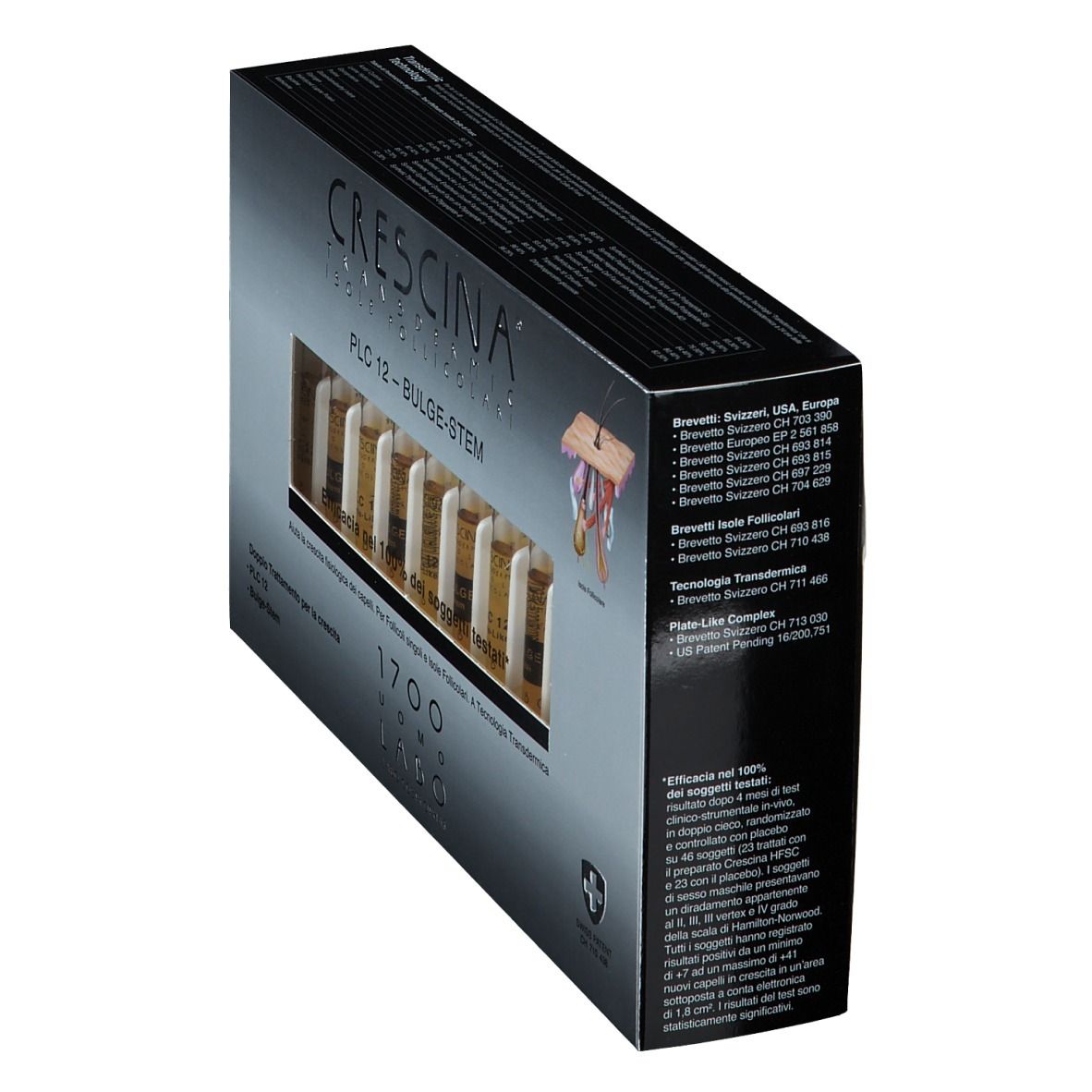 Boîte, nom du produit: CRESCINA PLC12-BULGE-STEM. Ampoules visibles. Informations sur les brevets.