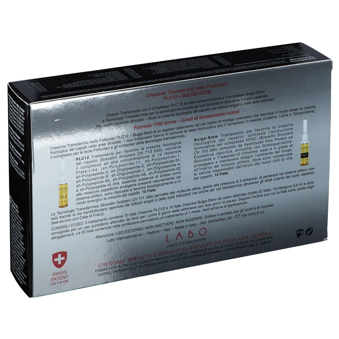 Dos de la boîte. Informations sur le produit et ingrédients. Croix suisse.