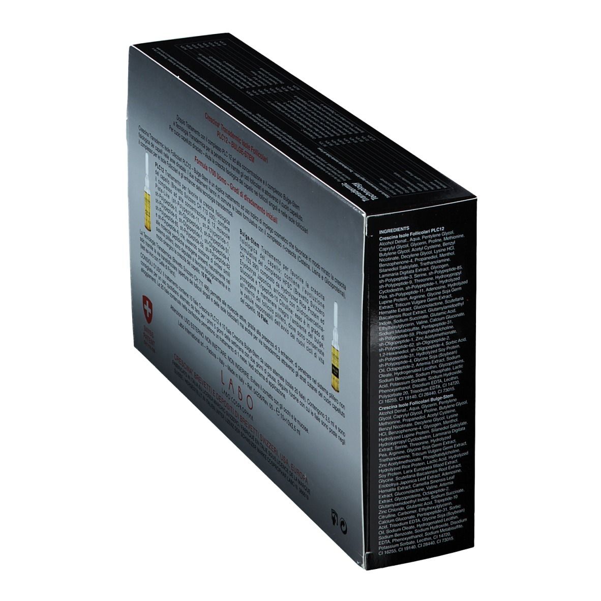 Boîte, informations sur le produit et ingrédients. Croix suisse. Ampoules visibles.