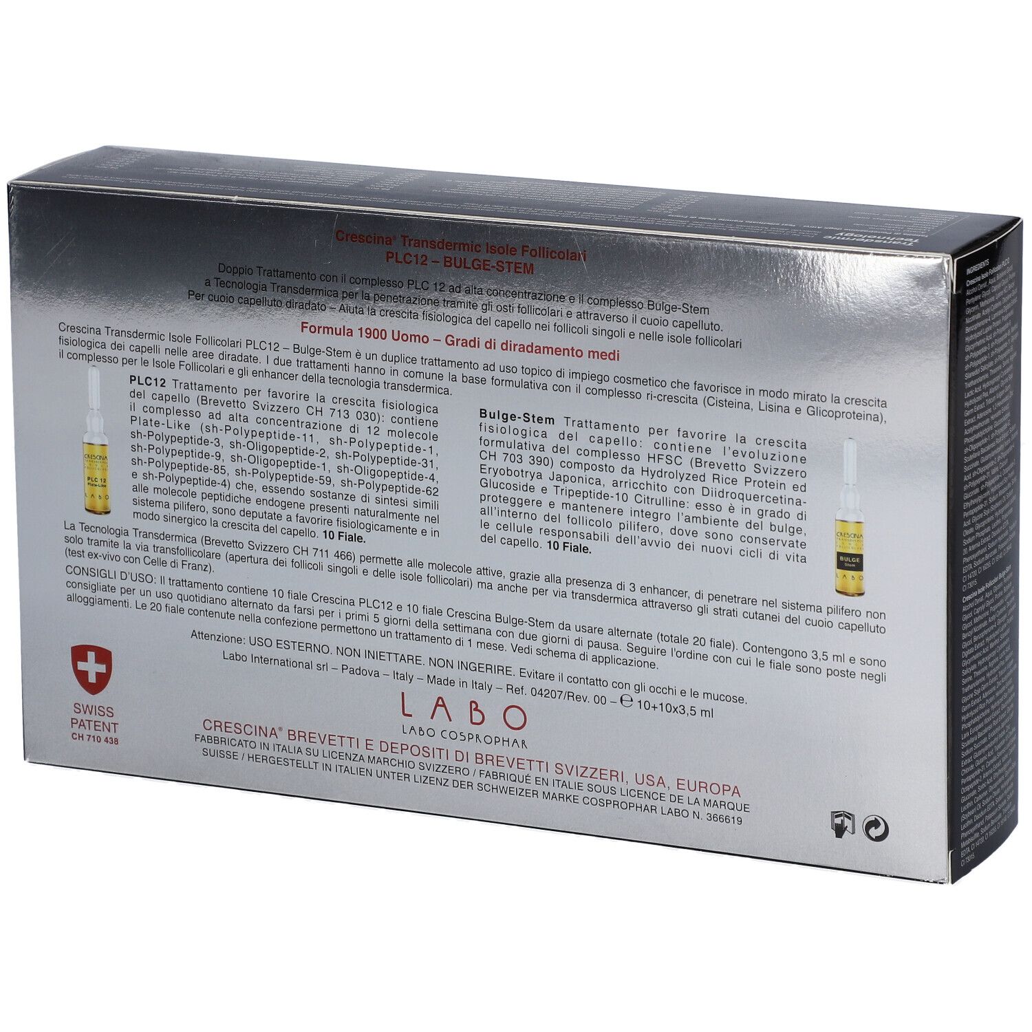 Rückseite der Schachtel Crescina PLC 12 - Bulg-Stem. Swiss Patent.