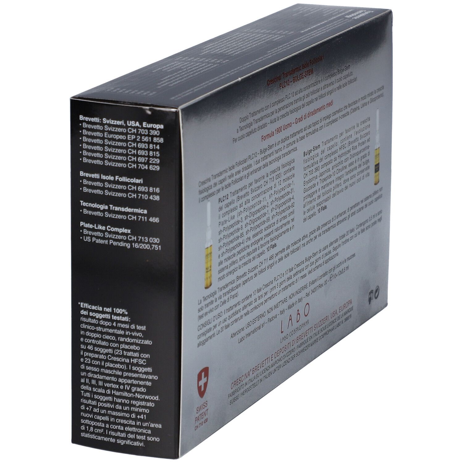 Rückseite der Schachtel Crescina PLC 12 - Bulg-Stem. Swiss Patent.