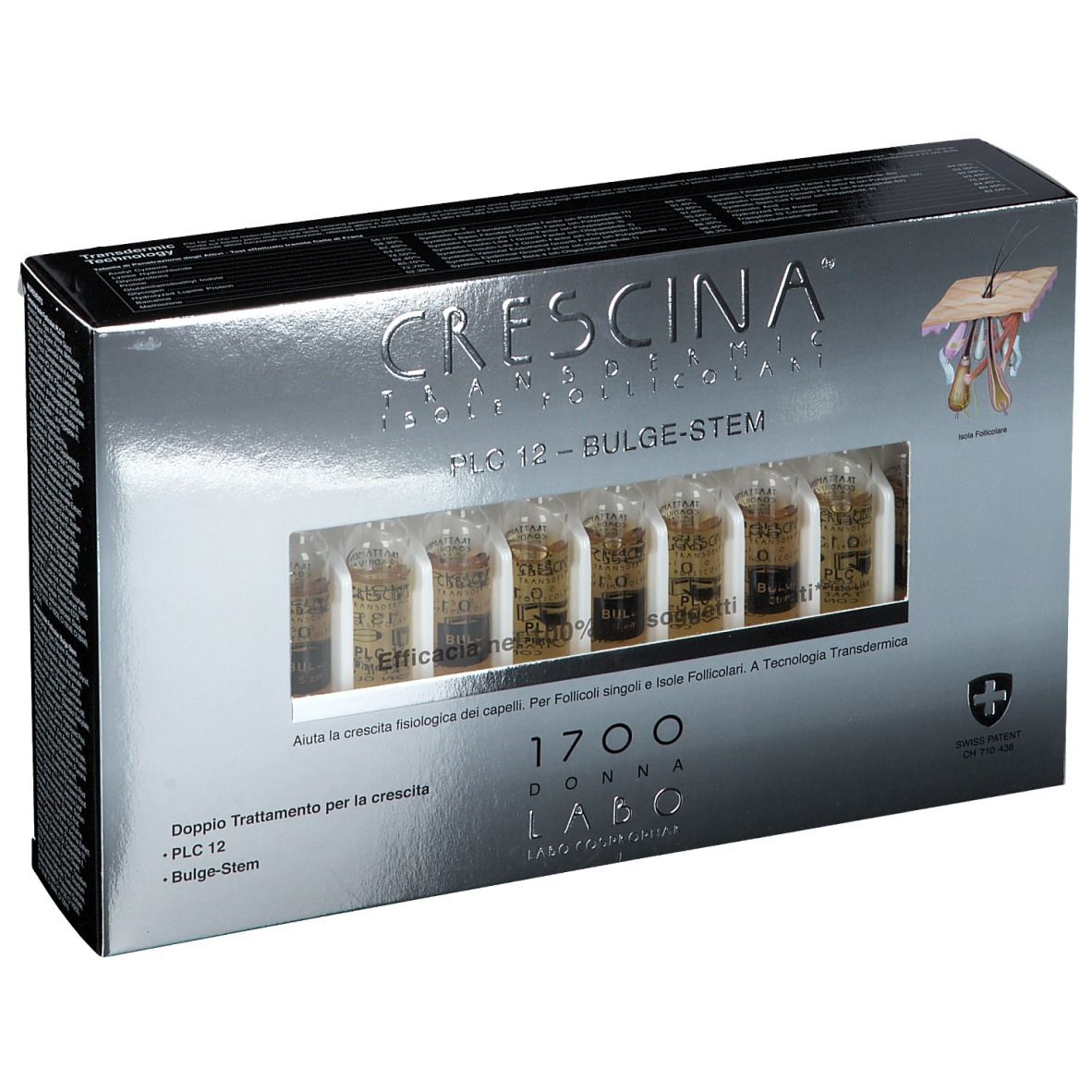 Schachtel mit CRESCINA® Transdermic PLC12 Bulge-stem 1700 Frau. Enthält Ampullen. Schweizer Kreuz.