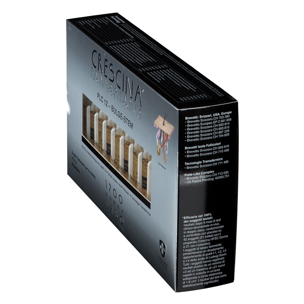 Schachtel CRESCINA® Transdermic PLC12 Bulge-stem 1700 Frau. Seitenansicht. Text und Ampullen.