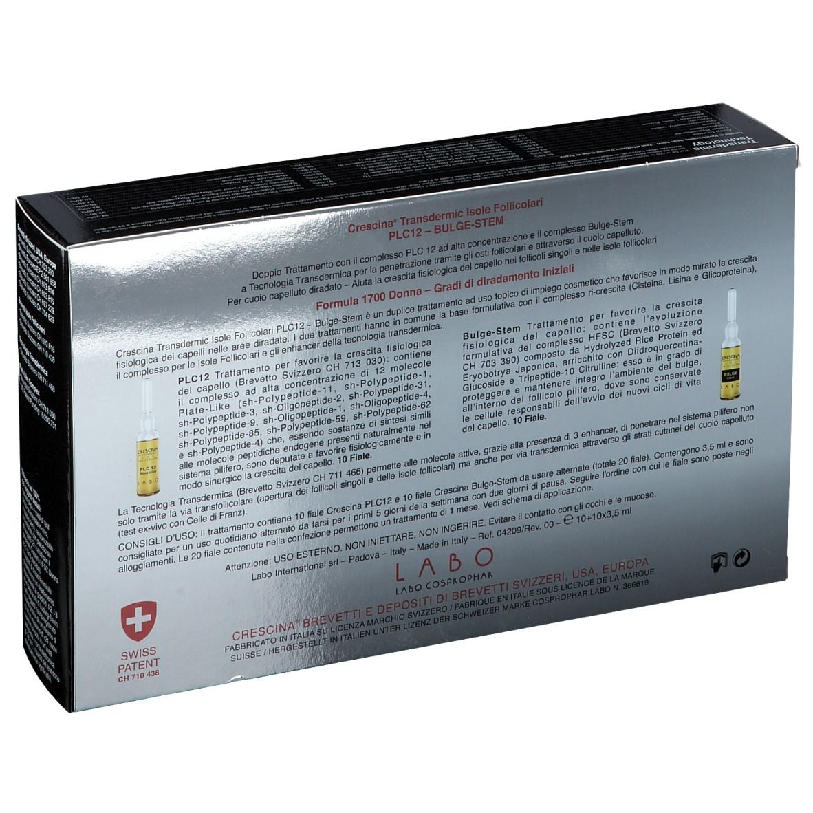 Rückseite der Schachtel CRESCINA® Transdermic PLC12 Bulge-stem 1700 Frau. Text und Ampullen.