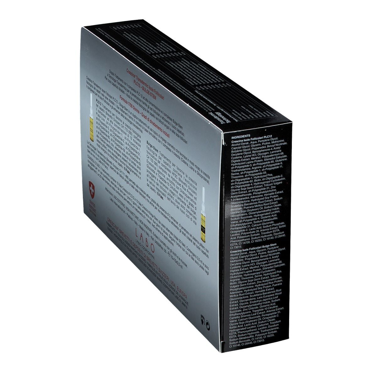 Seitenansicht der Schachtel CRESCINA® Transdermic PLC12 Bulge-stem 1700 Frau. Text und Ampullen.