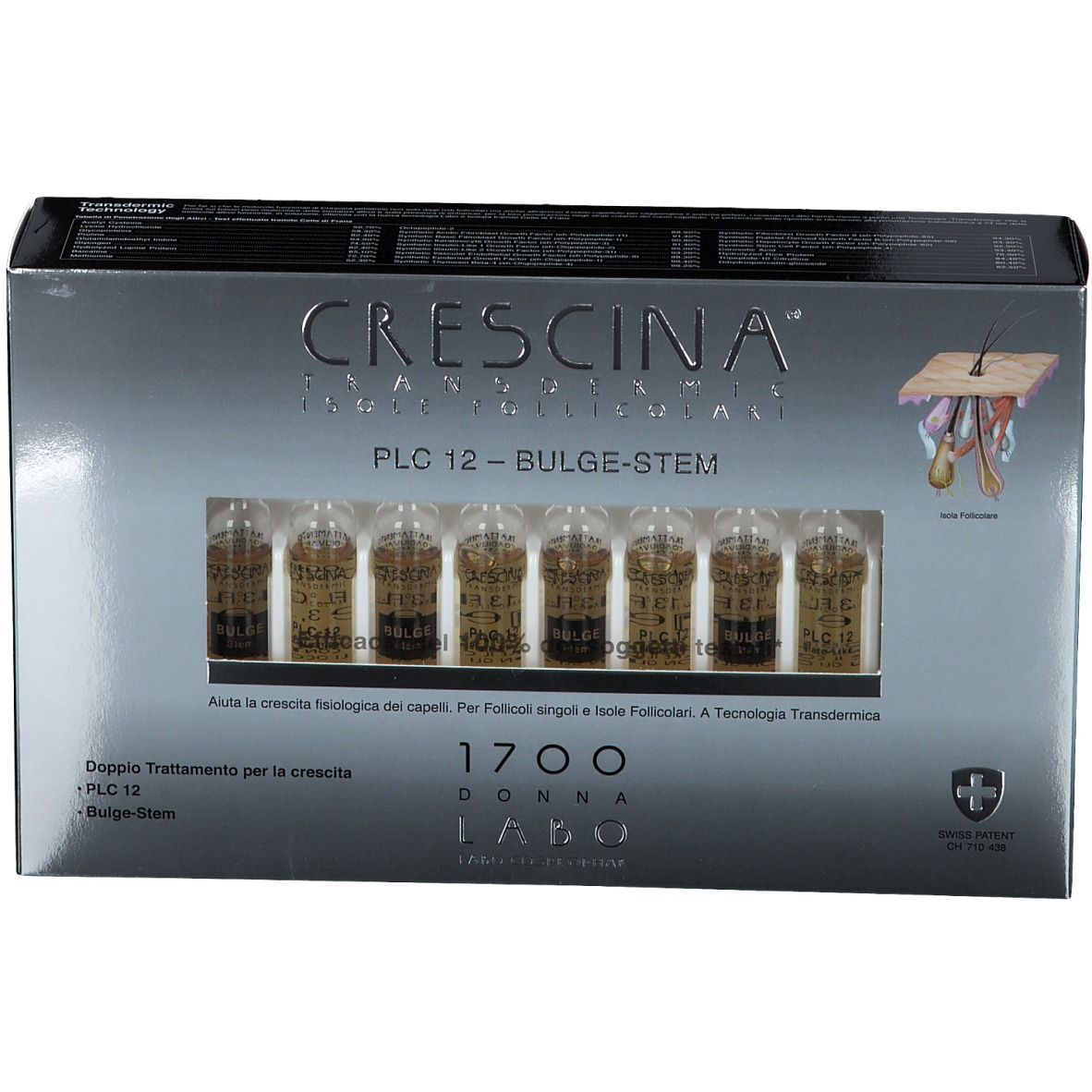 Schachtel mit CRESCINA® Transdermic PLC12 Bulge-stem 1700 Frau. Ampullen sichtbar. Schweizer Kreuz.