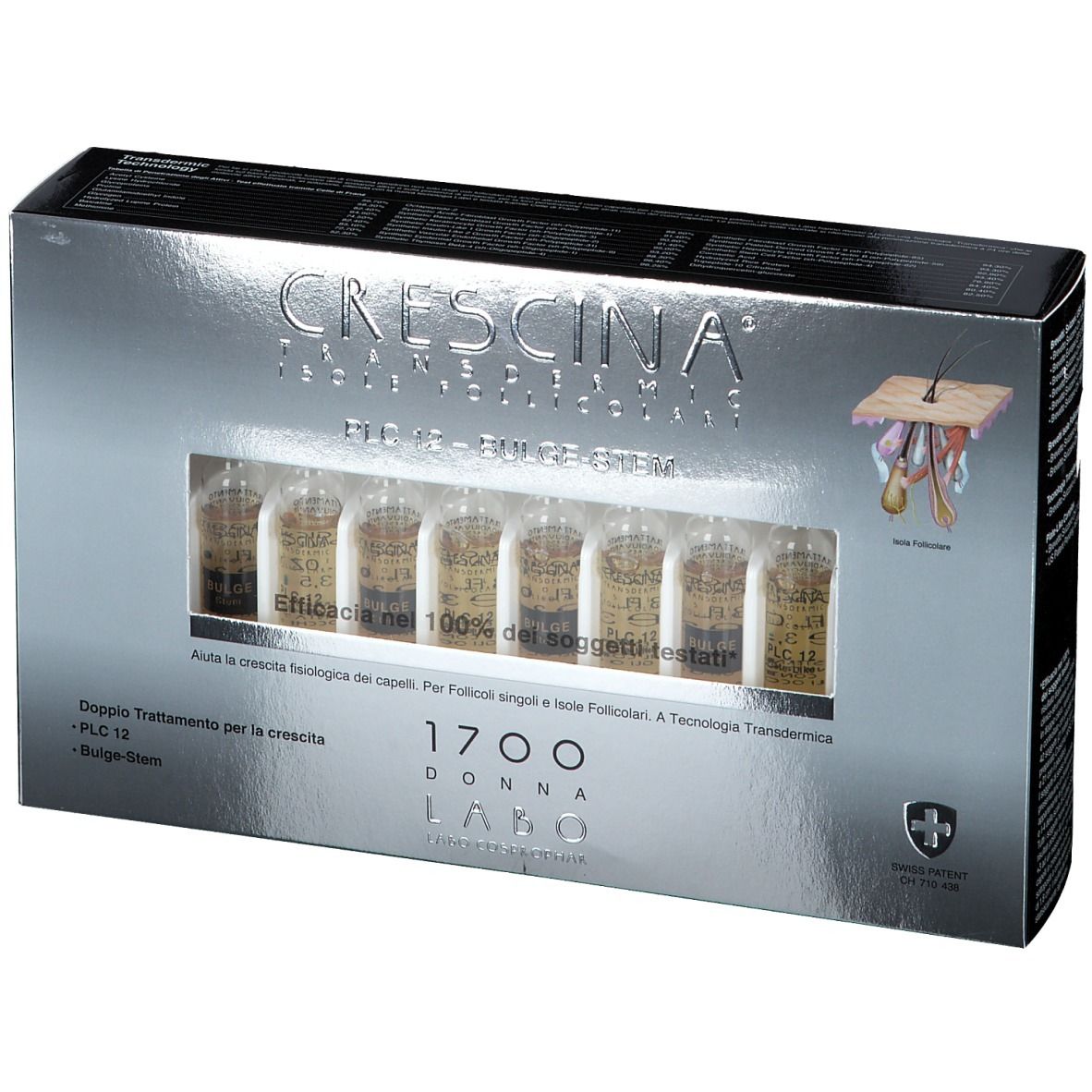Schachtel mit CRESCINA® Transdermic PLC12 Bulge-stem 1700 Frau. Ampullen sichtbar. Schweizer Kreuz.
