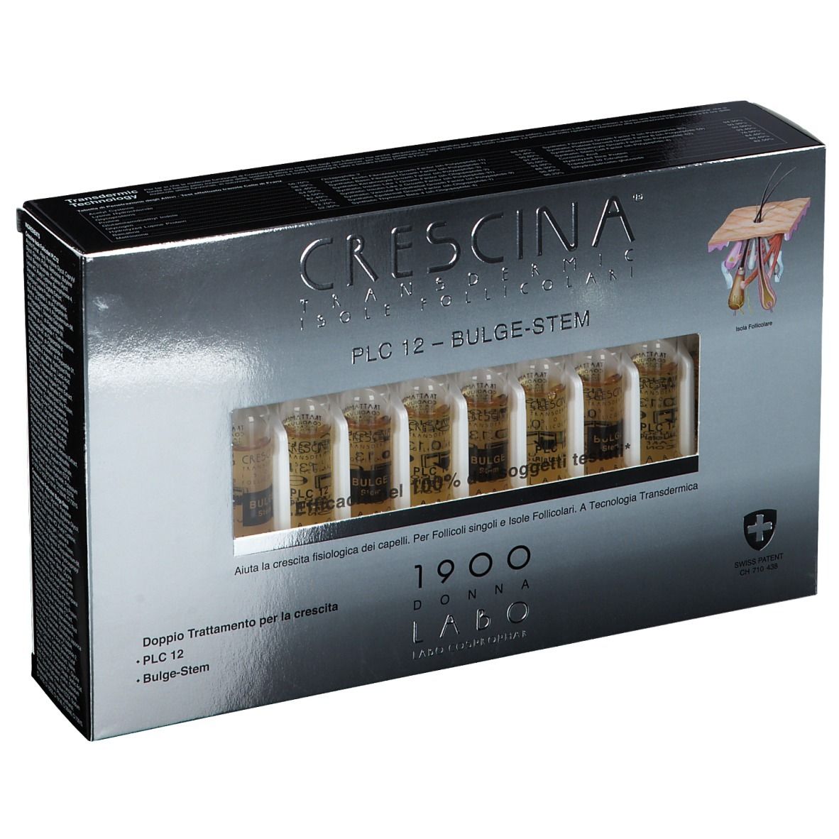 Boîte avec ampoules. Inscription: Crescina PLC 12 -BULGE-STEM. Swiss Patent.