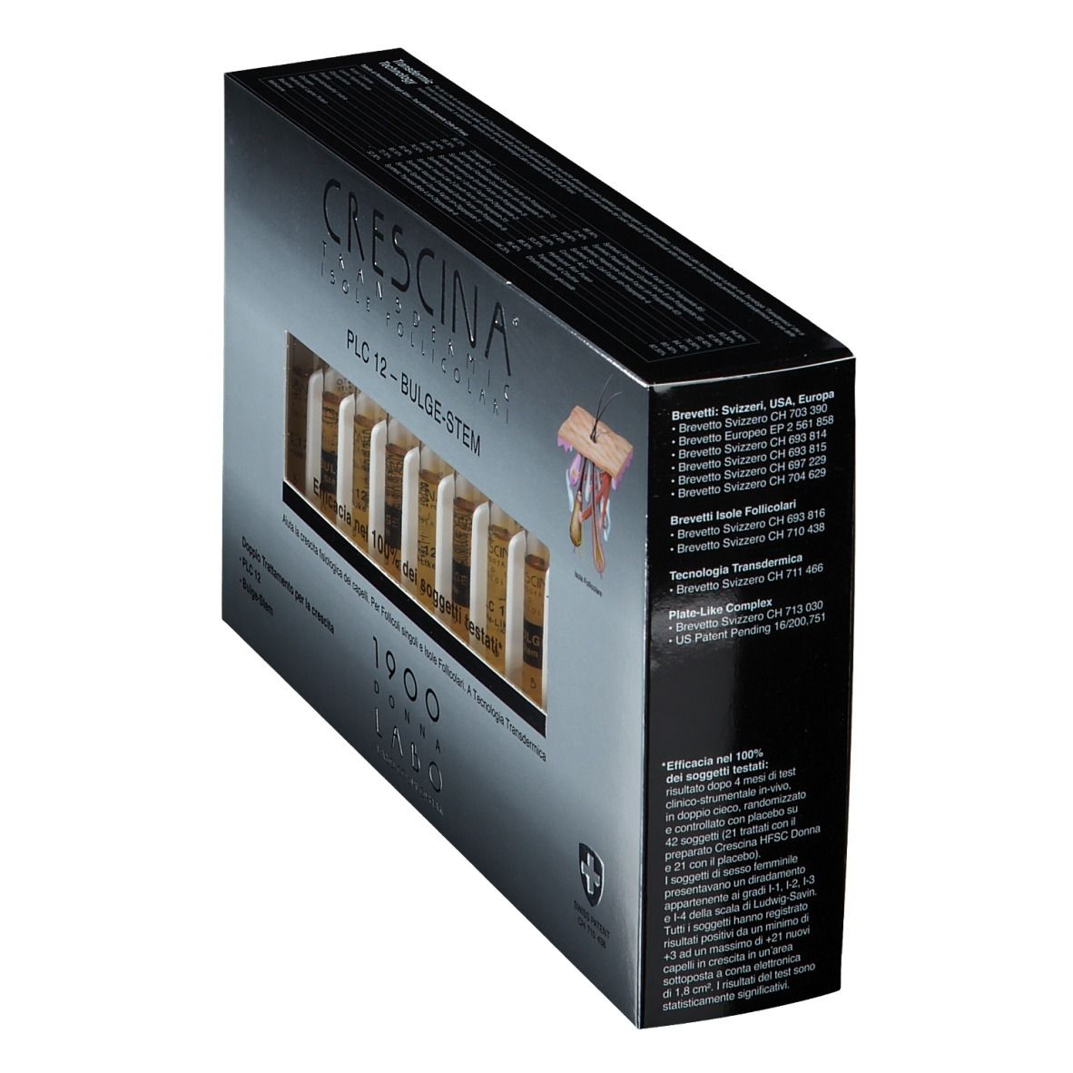 Boîte en biais. Inscription: Crescina PLC 12 -BULGE-STEM. Swiss Patent. Contient des ampoules.