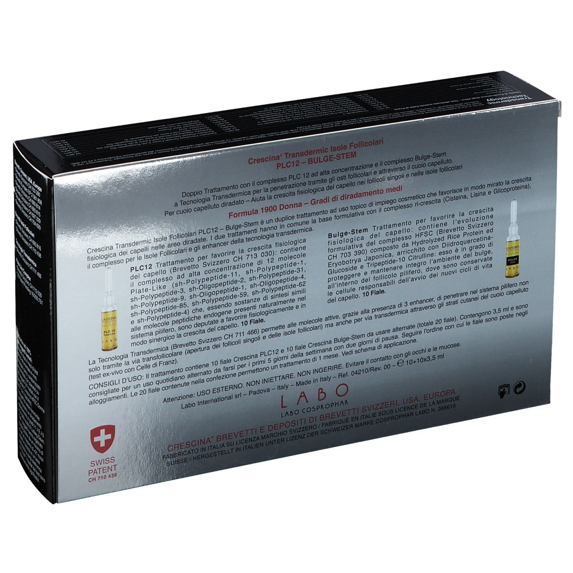 Dos de la boîte. Texte: Crescina Transdermic. Swiss Patent. Ingrédients.