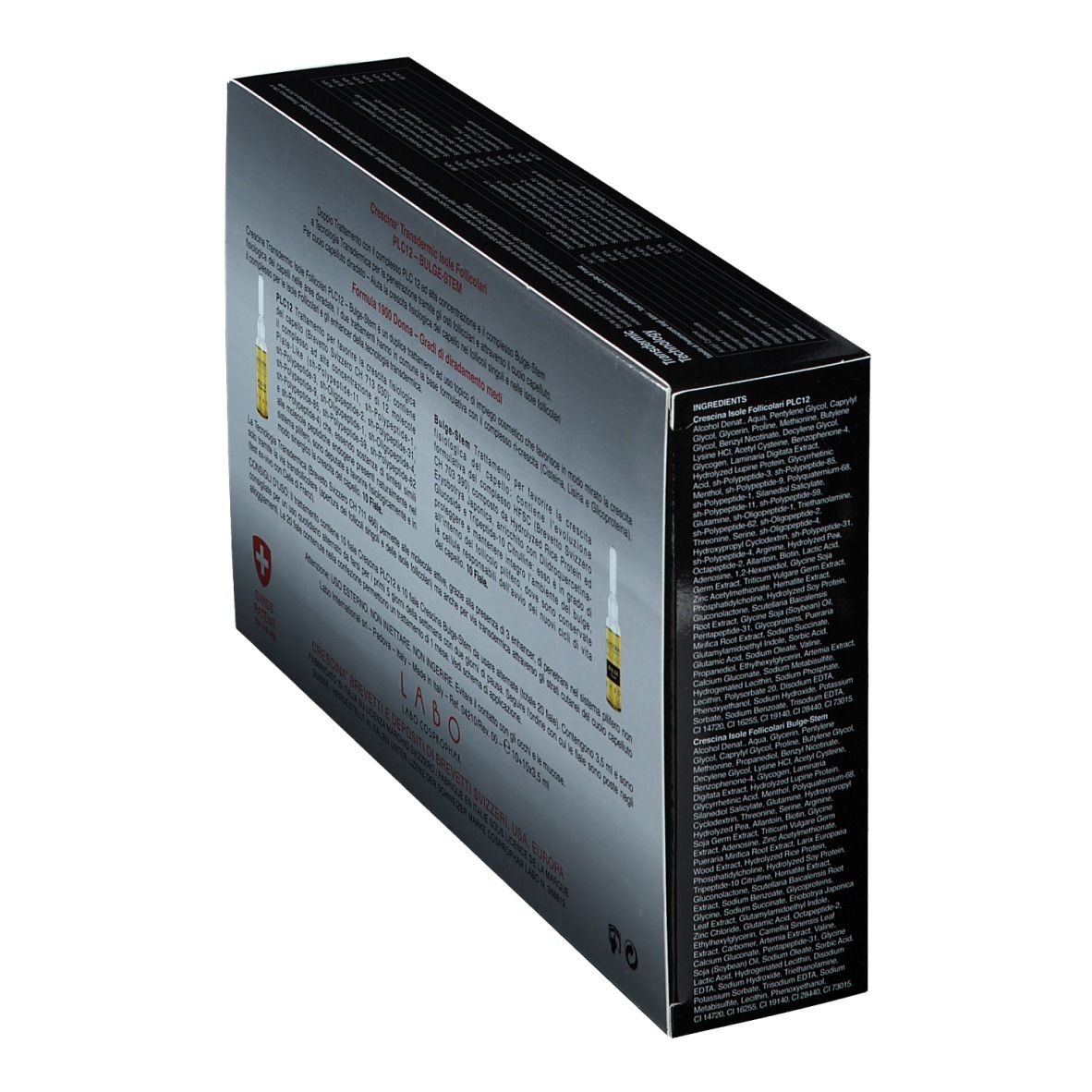 Boîte en biais. Dos avec texte: Crescina Transdermic. Ingrédients.