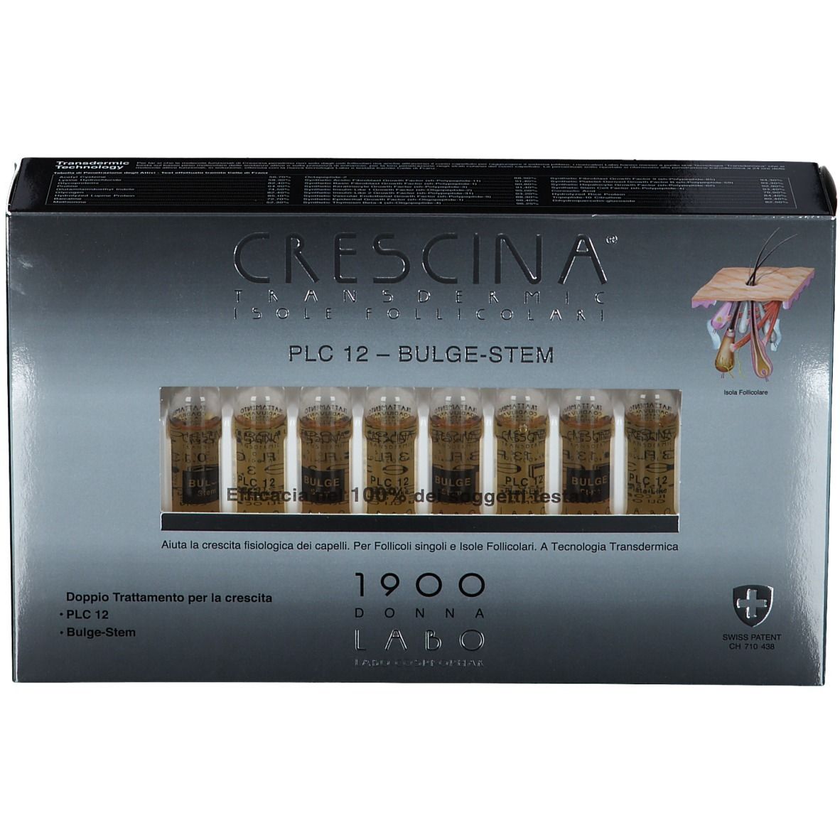 Boîte avec ampoules. Inscription: Crescina PLC 12 -BULGE-STEM. Swiss Patent.