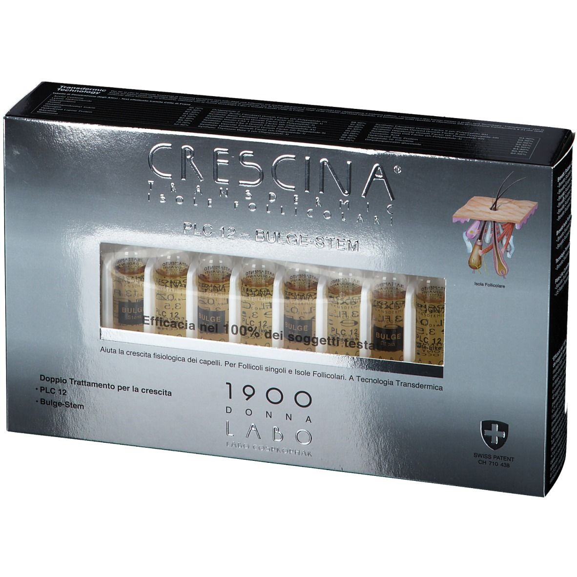 Boîte avec ampoules. Inscription: Crescina PLC 12 -BULGE-STEM. Swiss Patent.