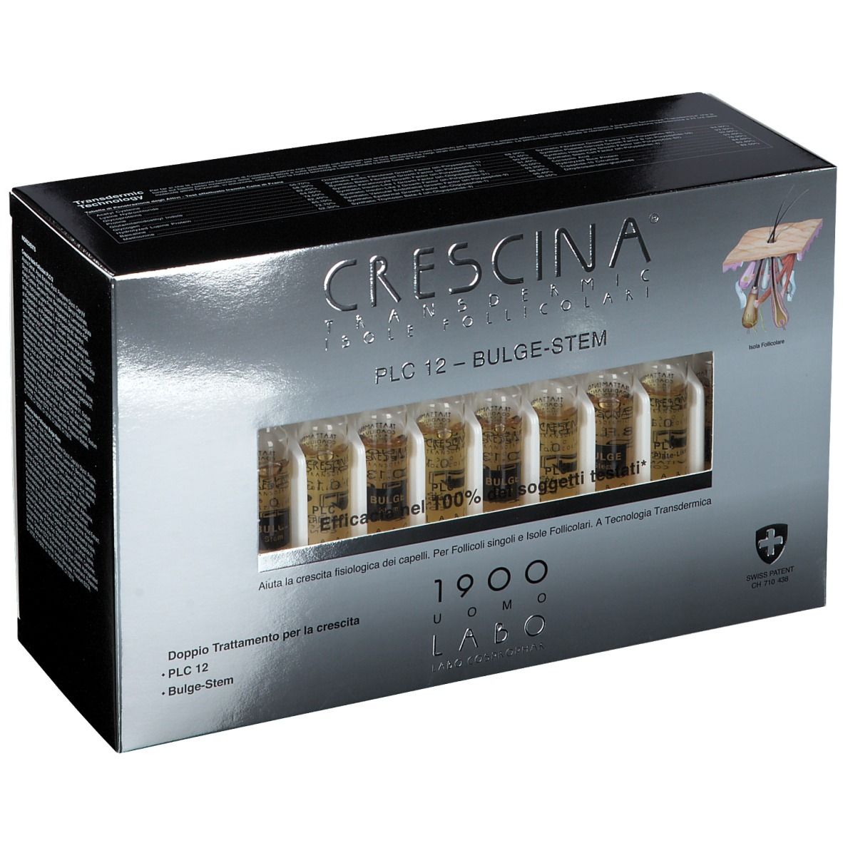 Boîte CRESCINA Transdermic PLC12 Bulge-Stem avec ampoules visibles. Inscription et logo de la marque.