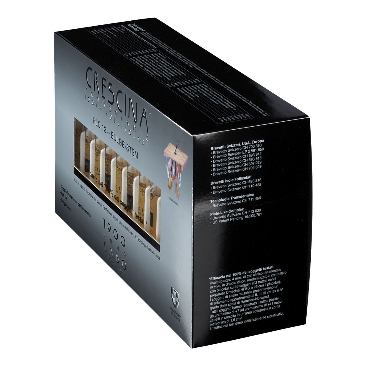 Boîte CRESCINA Transdermic PLC12 Bulge-Stem, vue latérale. Informations produit et logo.