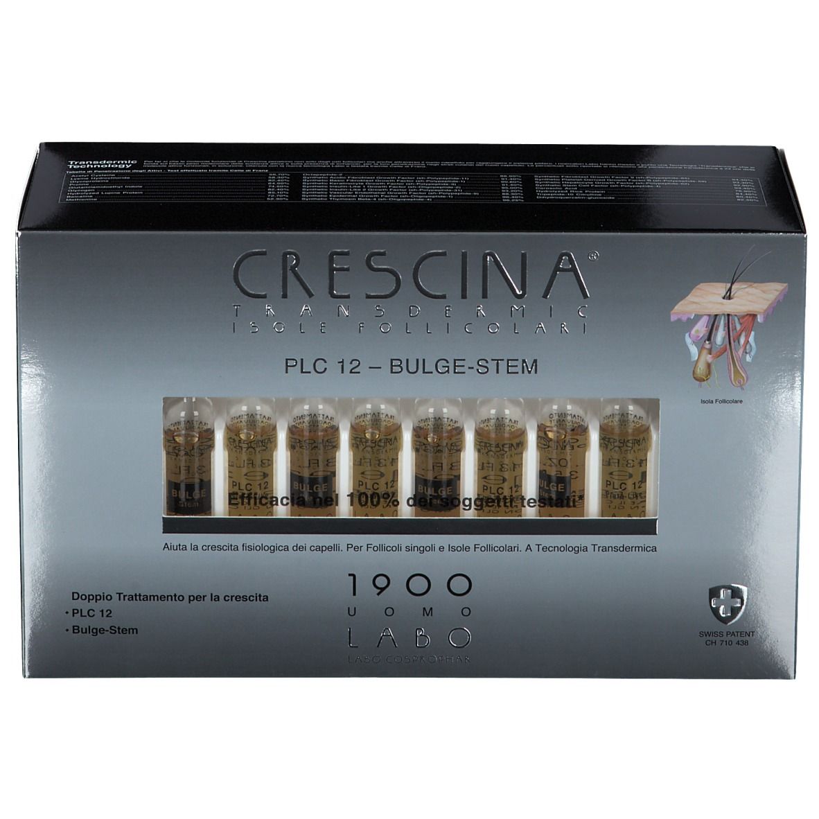 Boîte CRESCINA Transdermic PLC12 Bulge-Stem avec ampoules visibles. Inscription et logo de la marque.