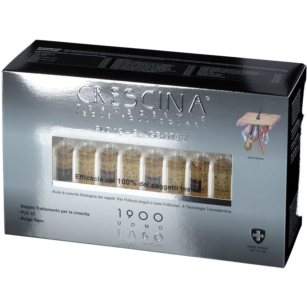 Boîte CRESCINA Transdermic PLC12 Bulge-Stem avec ampoules visibles. Inscription et logo de la marque.