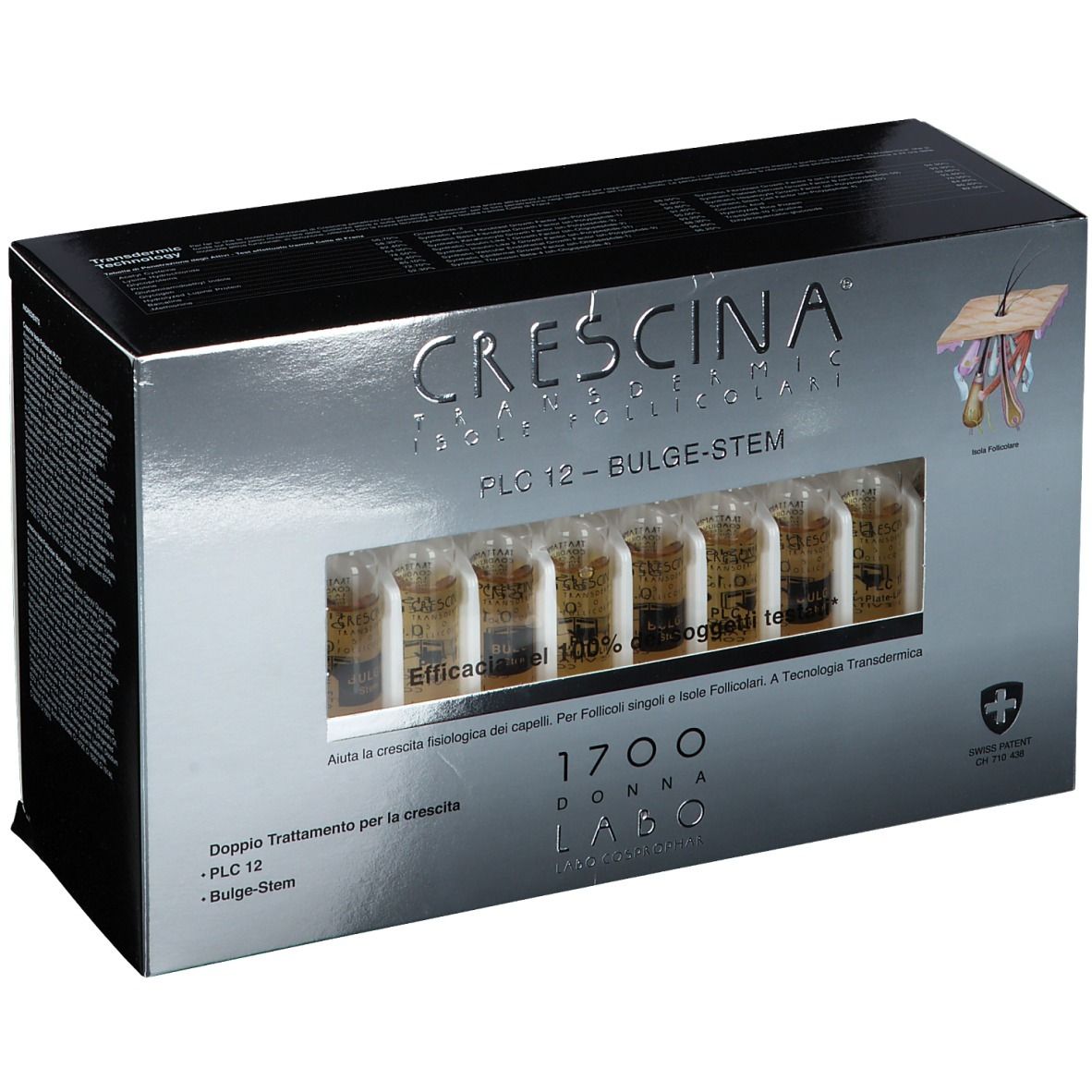 Schachtel mit sechs Ampullen. Aufschrift: CRESCINA Transdermic PLC12 Bulge-Stem. Sichtfenster. Schweizer Kreuz.