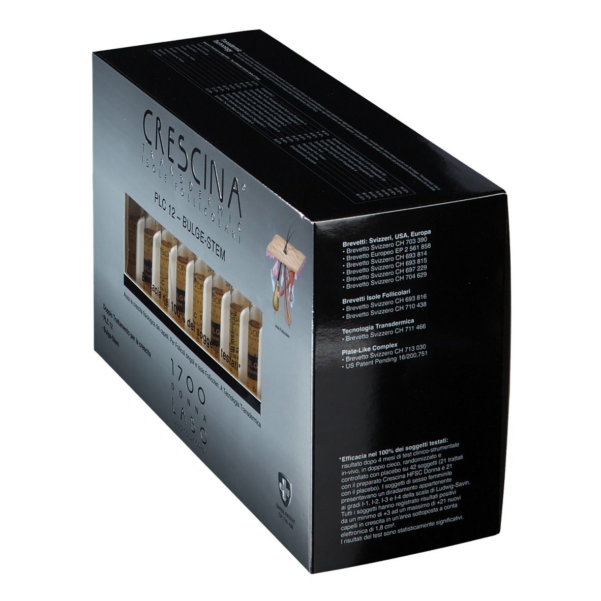 Schachtel, silberfarben mit schwarzem Deckel. Aufschrift: CRESCINA PLC12 Bulge-Stem. Sichtfenster mit Ampullen. Schweizer Kreuz.