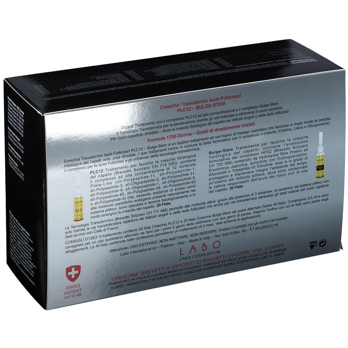 Rückseite der Schachtel. Text mit Produktinformationen. Schweizer Kreuz. Produktname: CRESCINA Transdermic Follicular Islands PLC12.