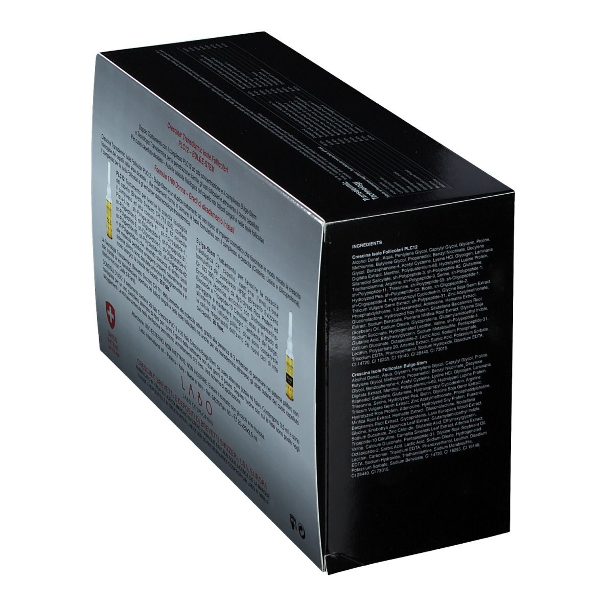 Schachtel, Rückseite. Text mit Produktinformationen. Schweizer Kreuz. Produktname: CRESCINA Transdermic Follicular Islands PLC12.