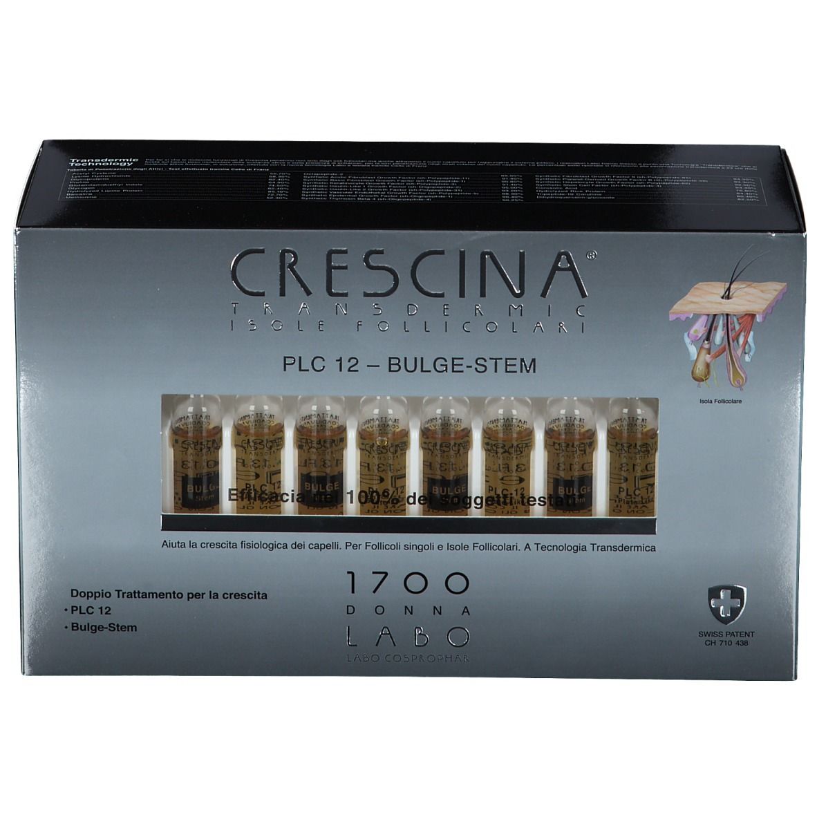 Schachtel mit sechs Ampullen. Aufschrift: CRESCINA Transdermic PLC12 Bulge-Stem. Sichtfenster. Schweizer Kreuz.