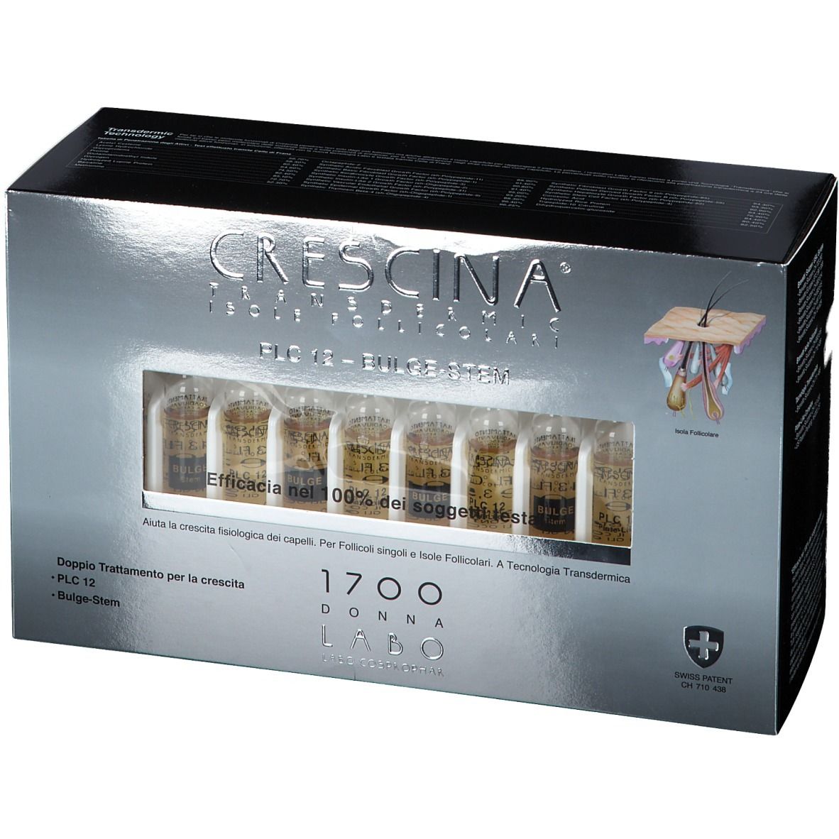 Schachtel mit sechs Ampullen. Aufschrift: CRESCINA Transdermic PLC12 Bulge-Stem. Sichtfenster. Schweizer Kreuz.