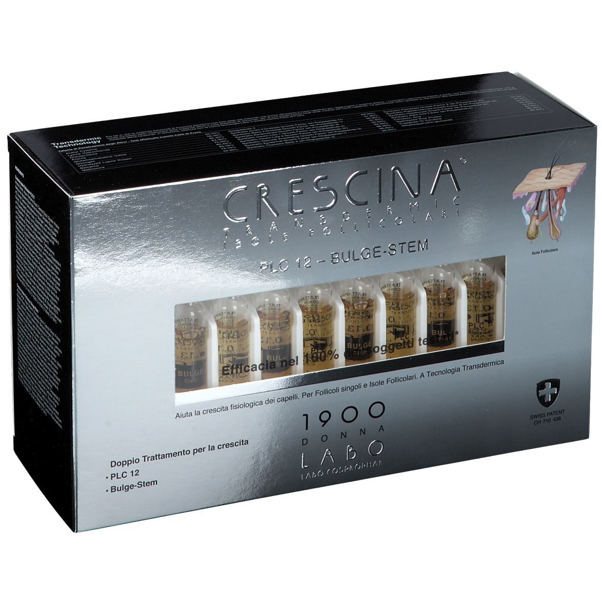 Boîte avec ampoules. Nom du produit: CRESCINA® Transdermic PLC12 Bulge-stem. Ampoules visibles à l'intérieur. Croix suisse.