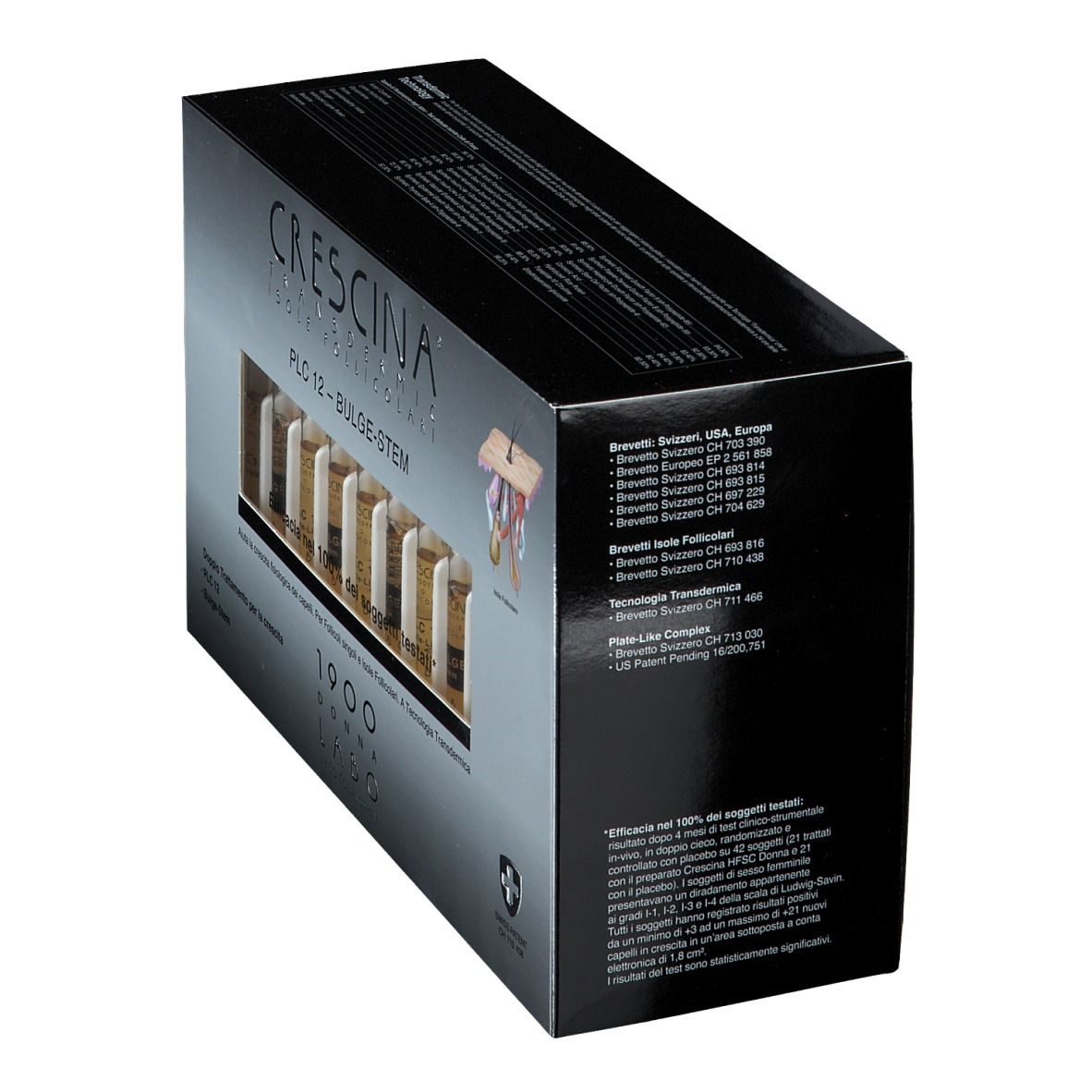 Boîte noire avec informations sur le produit. Nom du produit: CRESCINA® Transdermic PLC12 Bulge-stem. Croix suisse.