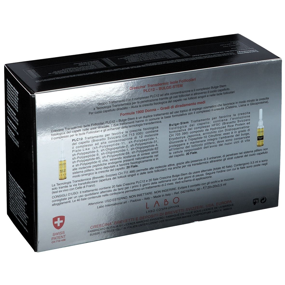 Dos de la boîte avec informations sur le produit. Nom du produit: CRESCINA® Transdermic PLC12 Bulge-stem. Croix suisse.