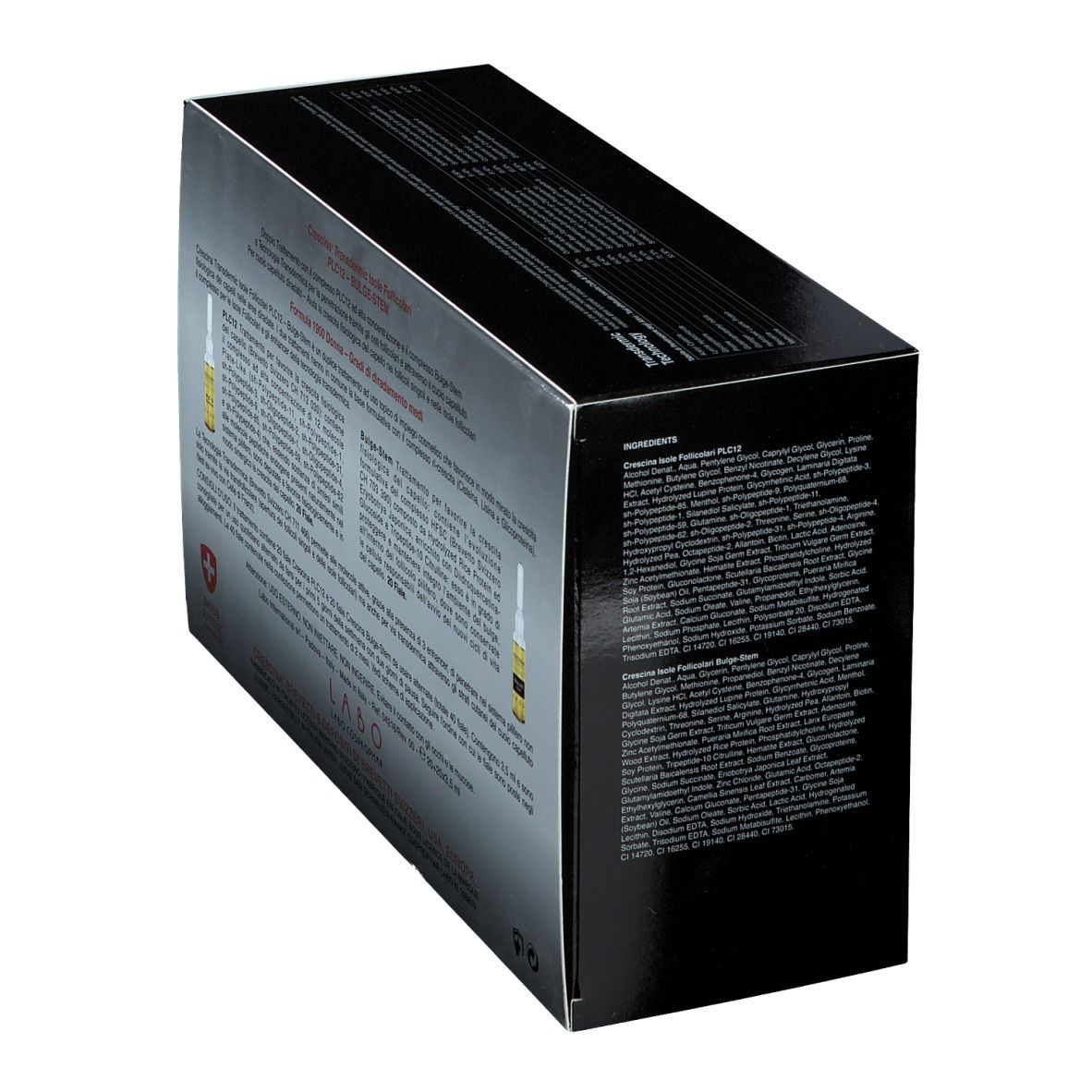 Dos de la boîte avec ingrédients. Nom du produit: CRESCINA® Transdermic PLC12 Bulge-stem. Croix suisse.