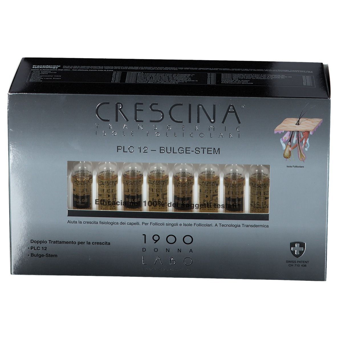 Boîte avec ampoules. Nom du produit: CRESCINA® Transdermic PLC12 Bulge-stem. Ampoules visibles à l'intérieur. Croix suisse.
