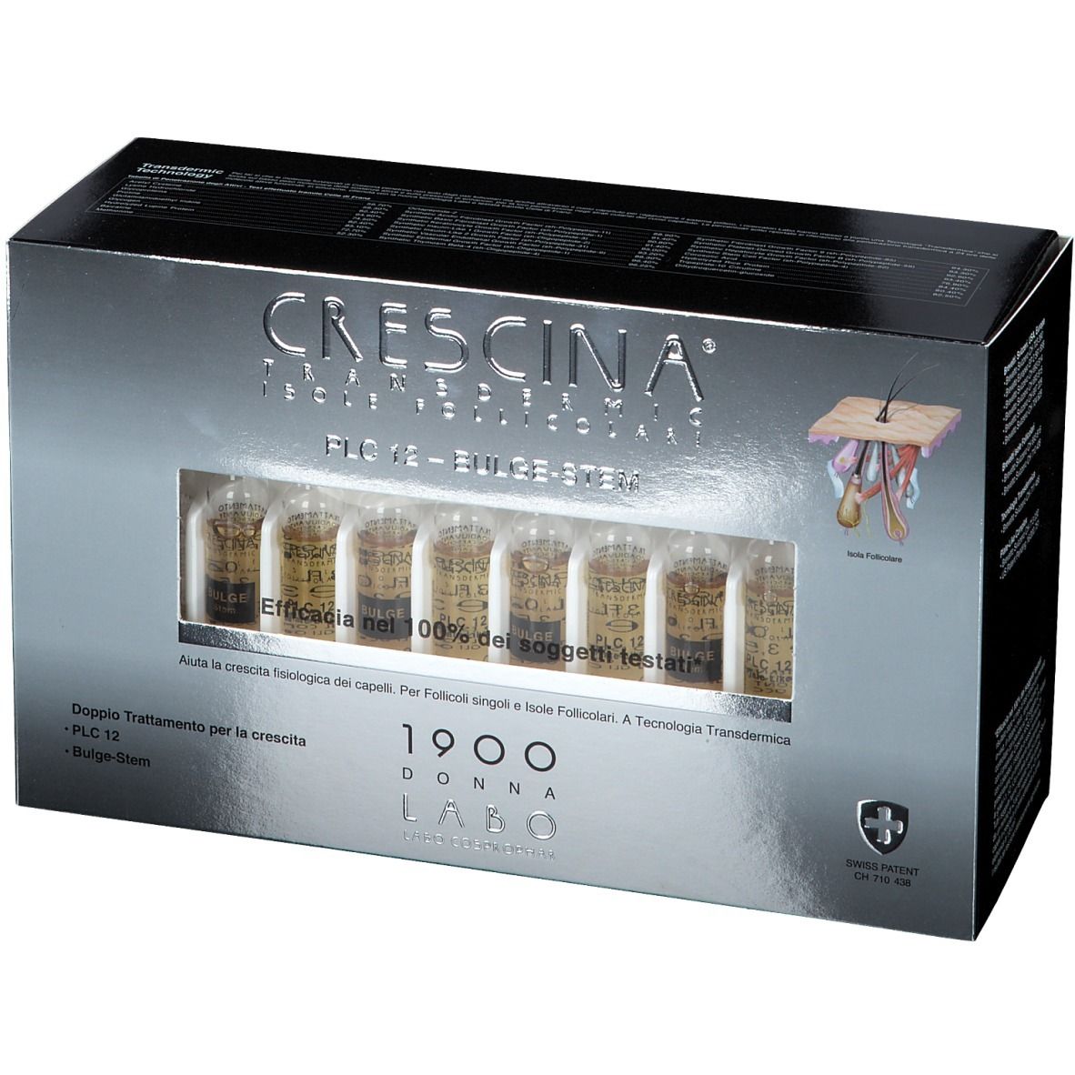 Boîte avec ampoules. Nom du produit: CRESCINA® Transdermic PLC12 Bulge-stem. Ampoules visibles à l'intérieur. Croix suisse.