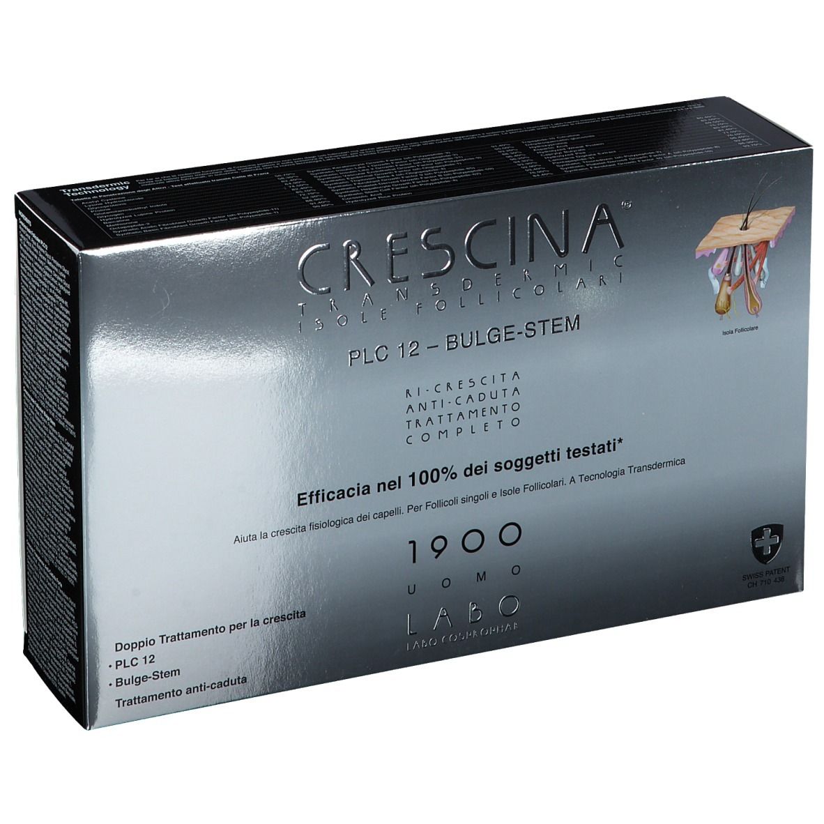 Schachtel mit Produktaufdruck. Text: CRESCINA, PLC12, Bulge-Stem, 1900 UOMO. Schweizer Kreuz.